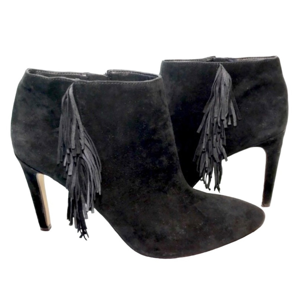 Ann Taylor black suede fringed inside zip stiletto heel ankle booties Sz8.5